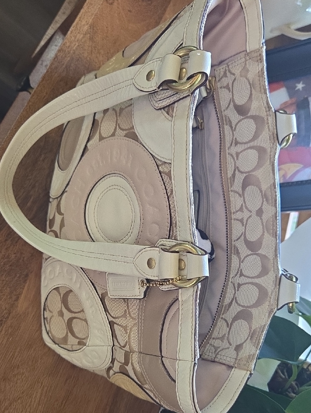 Coach Beige and Cream Signature Jacquard Shoulder Bag